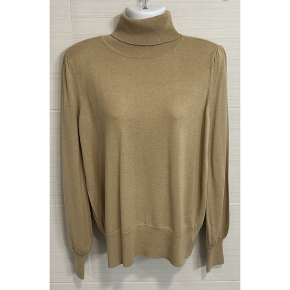 Crown & Ivy Tan Beige Cashmere‎ Blend Turtleneck Sweater L, Classic - Repaired - Picture 1 of 13
